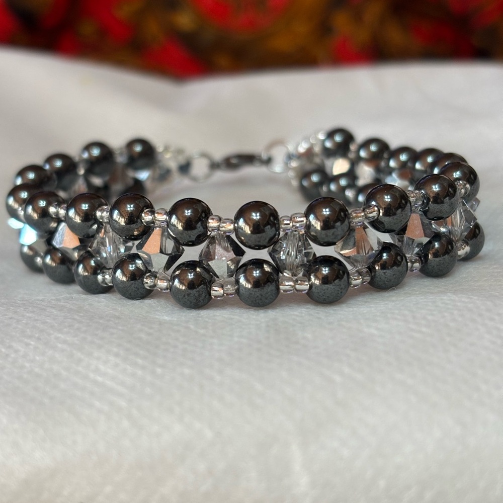 Dark Gray Hematite and Czech Crystal Beaded Bracelet 7.5 inches